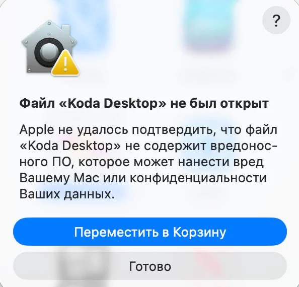 Пример ошибки 'Файл Koda Desktop не был открыт'